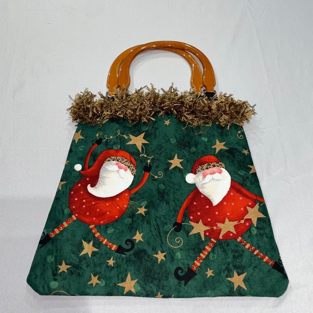 Christmas‎ Santa Claus Wooden Handle Tote Bag Green Gold Tinsel Holiday Handbag